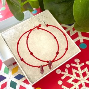 Red glass crystals & Premium Japanese seed Beads hoop earrings-Silver plated.